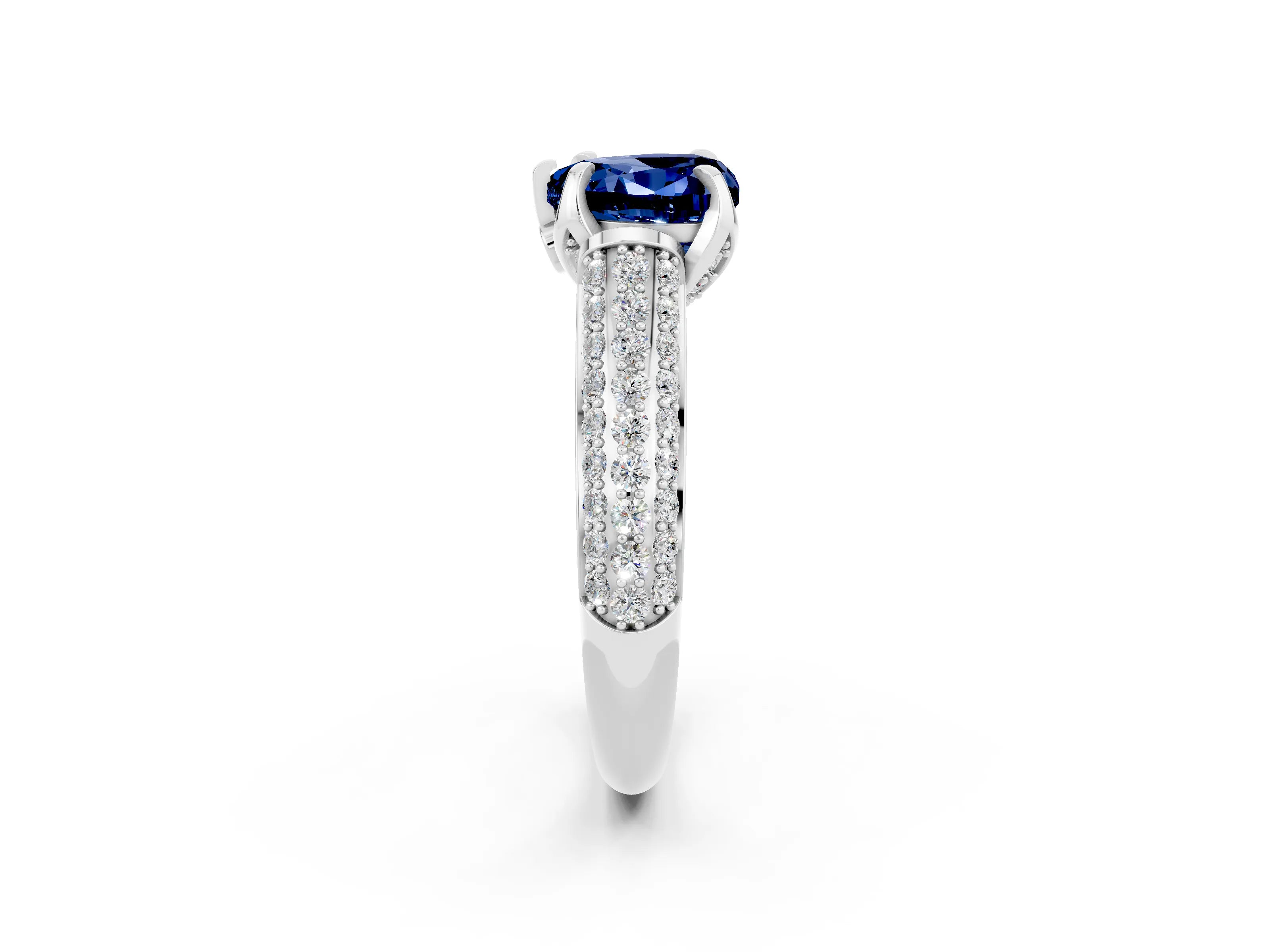 White gold Heart Cut Blue Sapphire Solitaire Ring with Three-Row Pavé Band and Four-Prong Setting_14