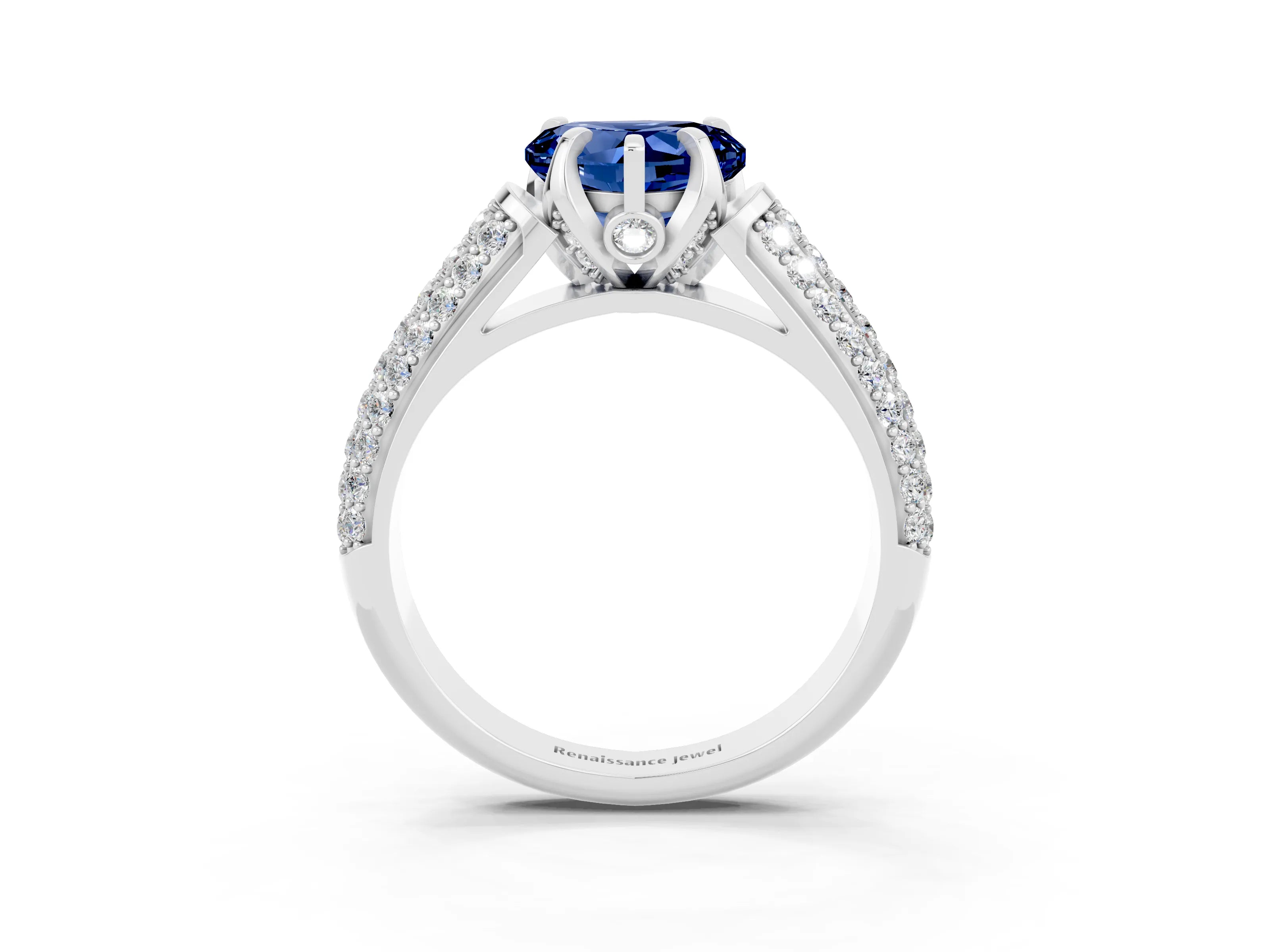 White gold Heart Cut Blue Sapphire Solitaire Ring with Three-Row Pavé Band and Four-Prong Setting_15