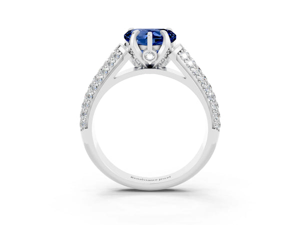 Platinum Heart Cut Blue Sapphire Solitaire Ring with Three-Row Pavé Band and Four-Prong Setting