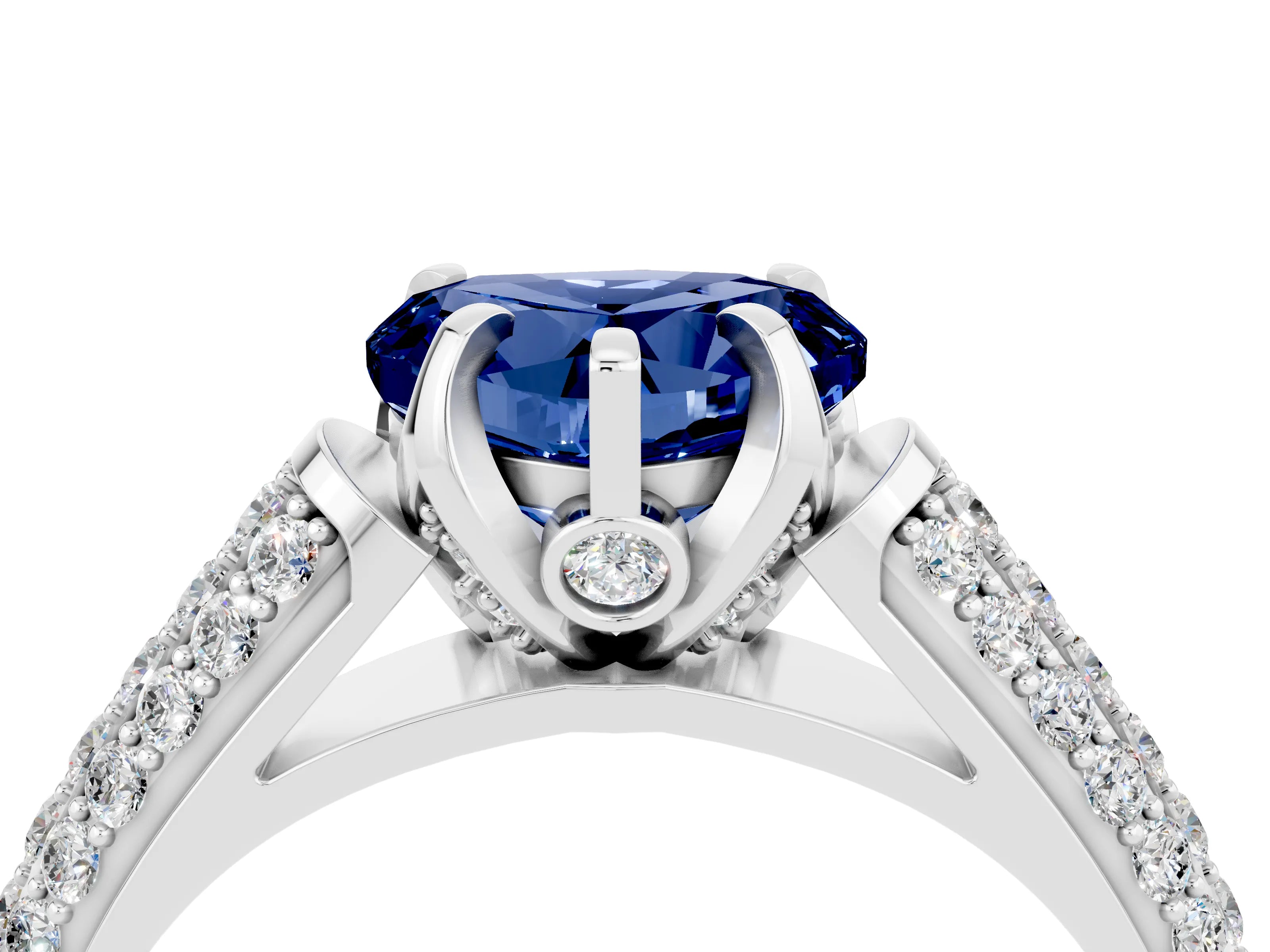 White gold Heart Cut Blue Sapphire Solitaire Ring with Three-Row Pavé Band and Four-Prong Setting_16
