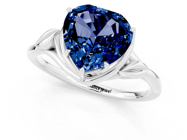 Silver Heart Cut Blue Sapphire Solitaire Ring with Twist Band and Four-Prong Setting
