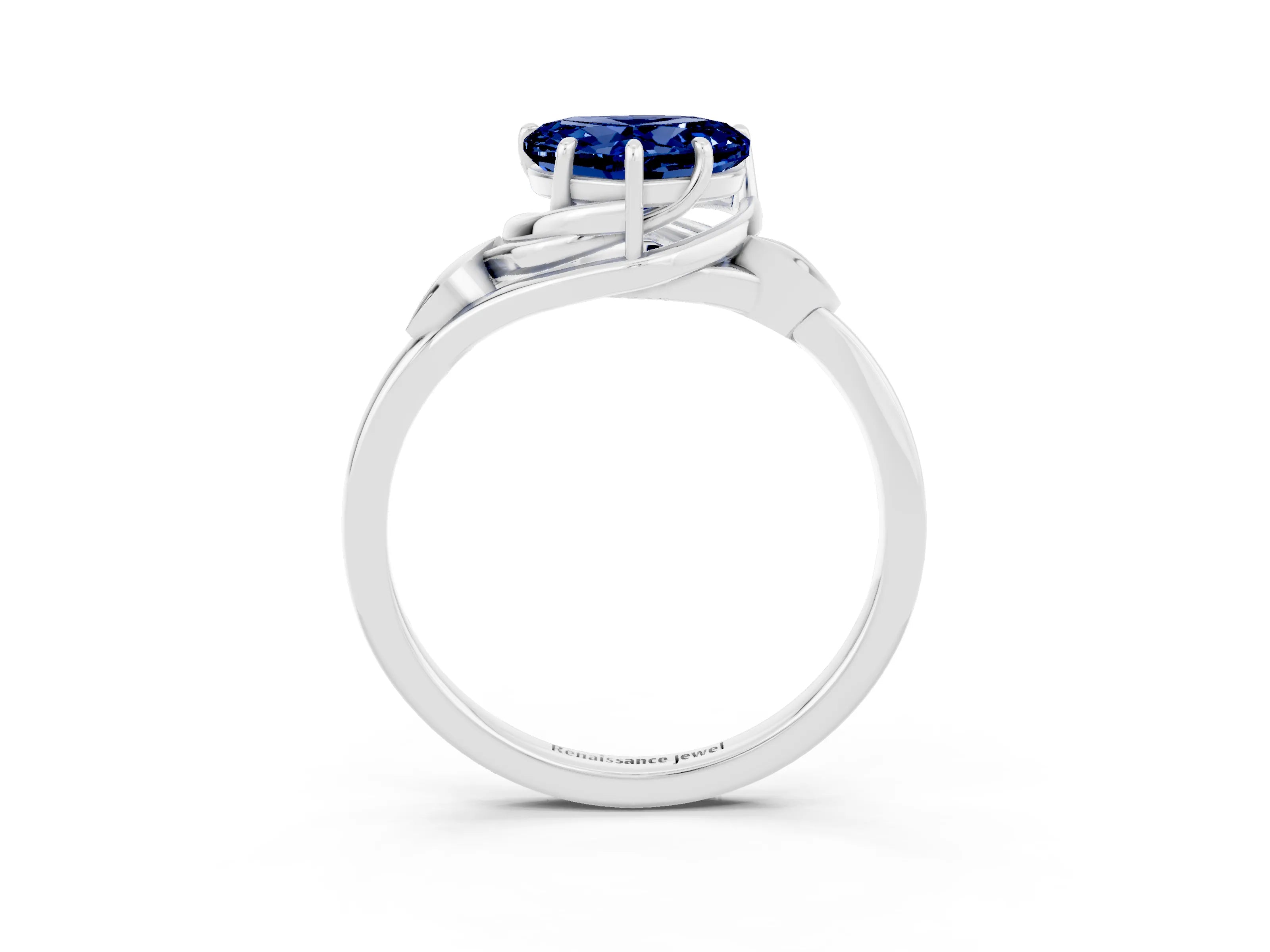 White gold Heart Cut Blue Sapphire Solitaire Ring with Twist Band and Four-Prong Setting_51