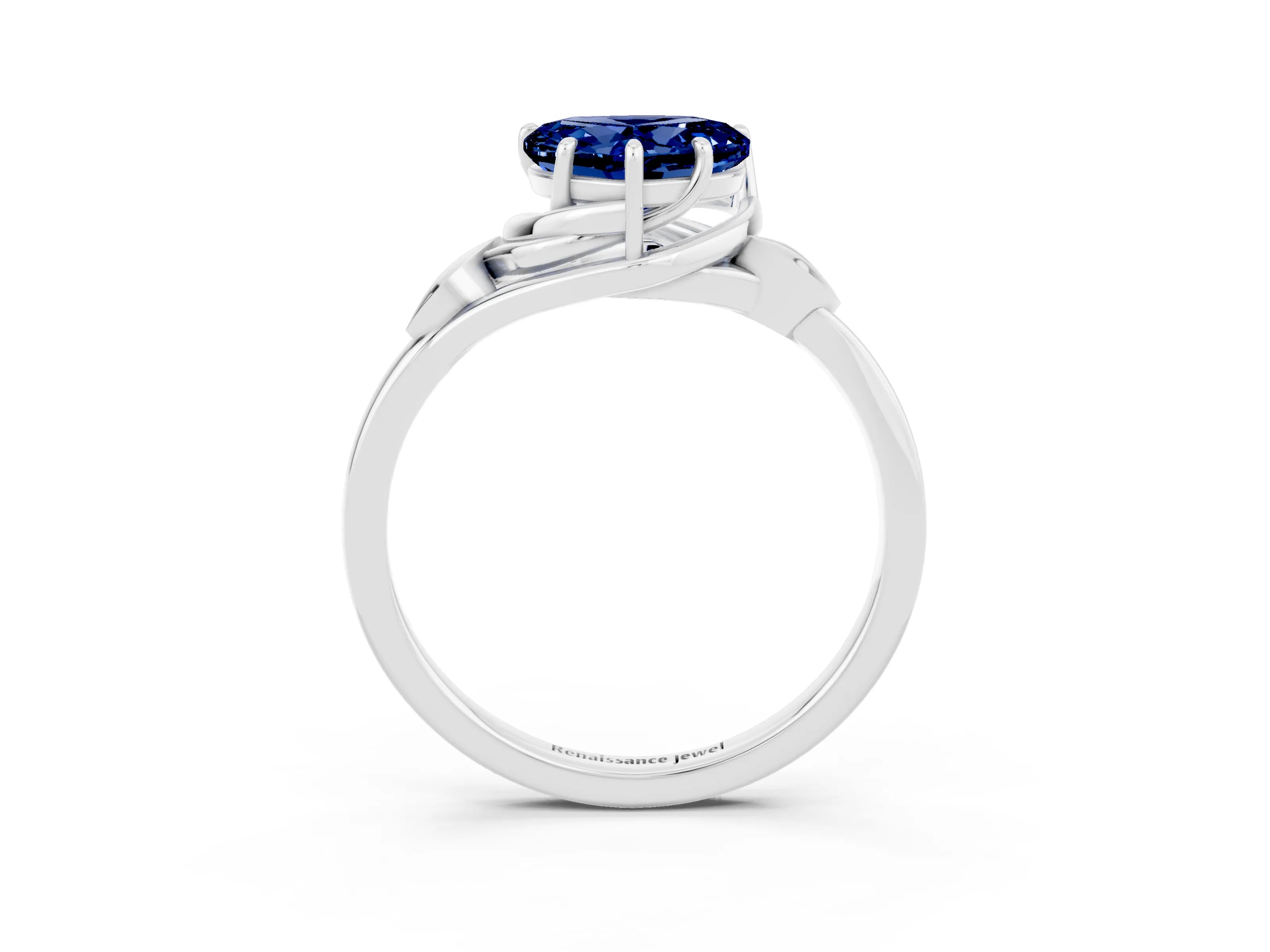 White gold Heart Cut Blue Sapphire Solitaire Ring with Twist Band and Four-Prong Setting_63