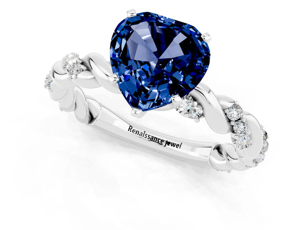 Silver Heart Cut Blue Sapphire Solitaire Ring with Twisted Band and Pavé Accents