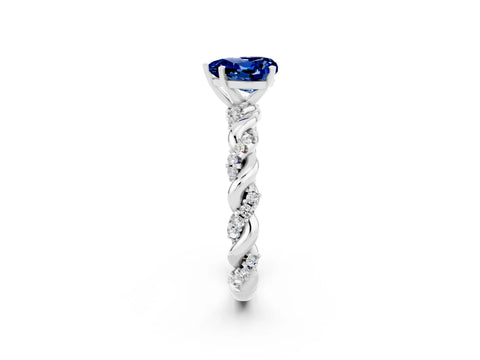 White gold Heart Cut Blue Sapphire Solitaire Ring with Twisted Band and Pavé Accents_2