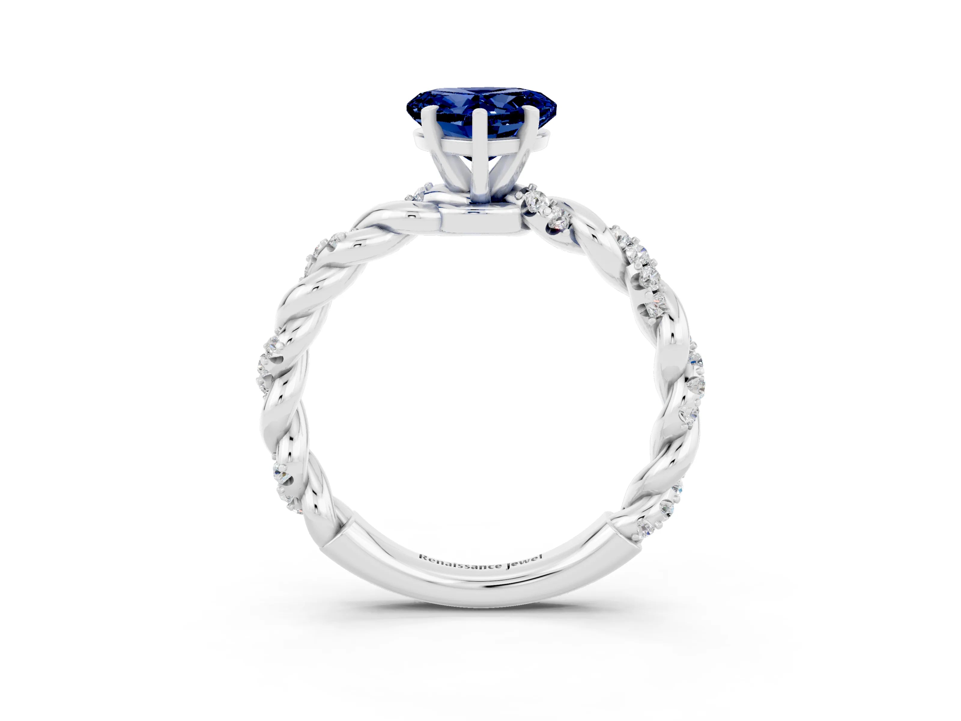 White gold Heart Cut Blue Sapphire Solitaire Ring with Twisted Band and Pavé Accents_3