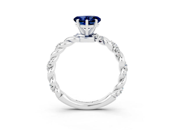 Platinum Heart Cut Blue Sapphire Solitaire Ring with Twisted Band and Pavé Accents