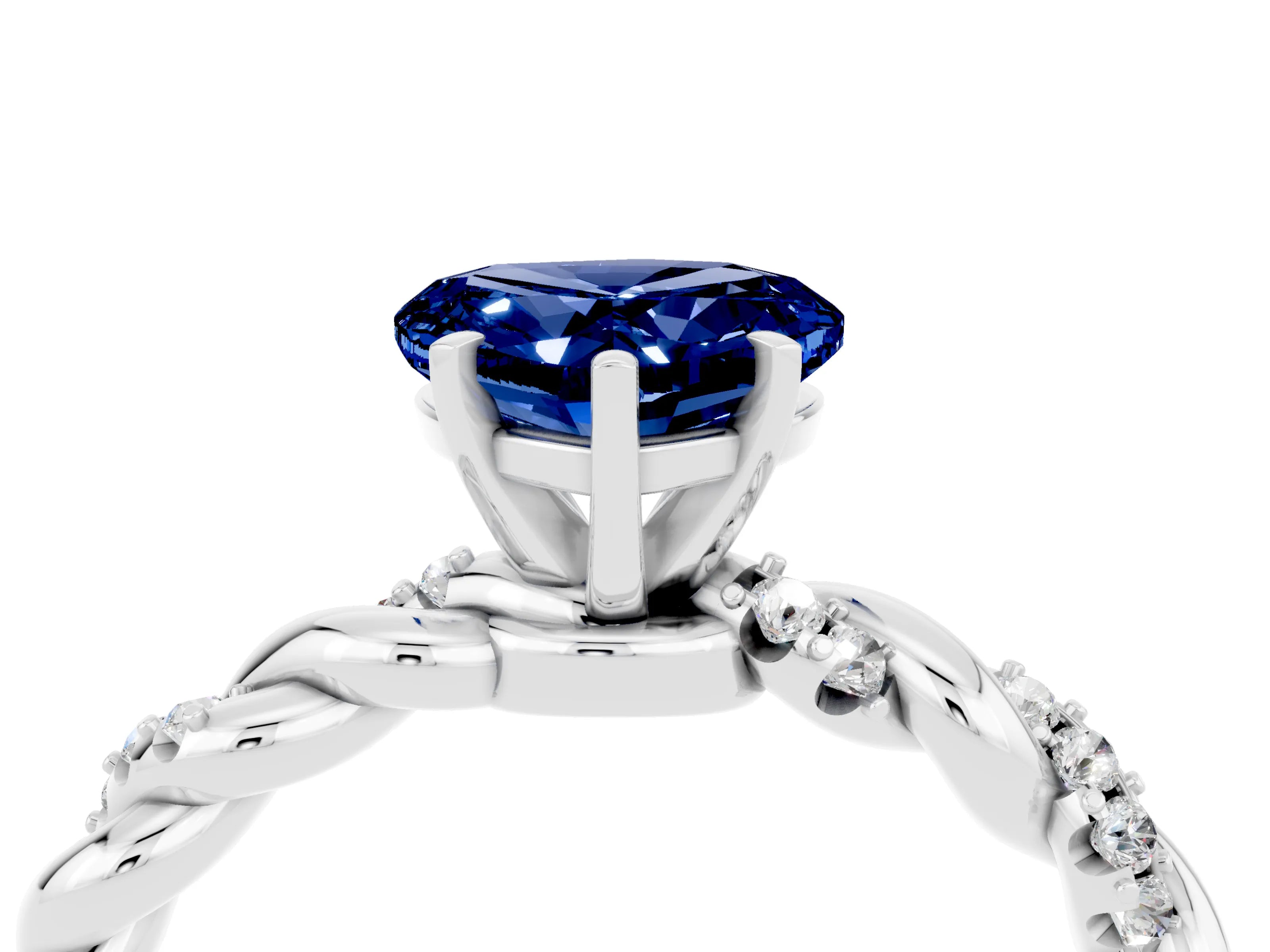 White gold Heart Cut Blue Sapphire Solitaire Ring with Twisted Band and Pavé Accents_4