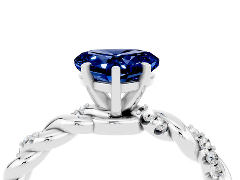 White gold Heart Cut Blue Sapphire Solitaire Ring with Twisted Band and Pavé Accents_4