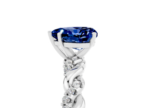 White gold Heart Cut Blue Sapphire Solitaire Ring with Twisted Band and Pavé Accents_5