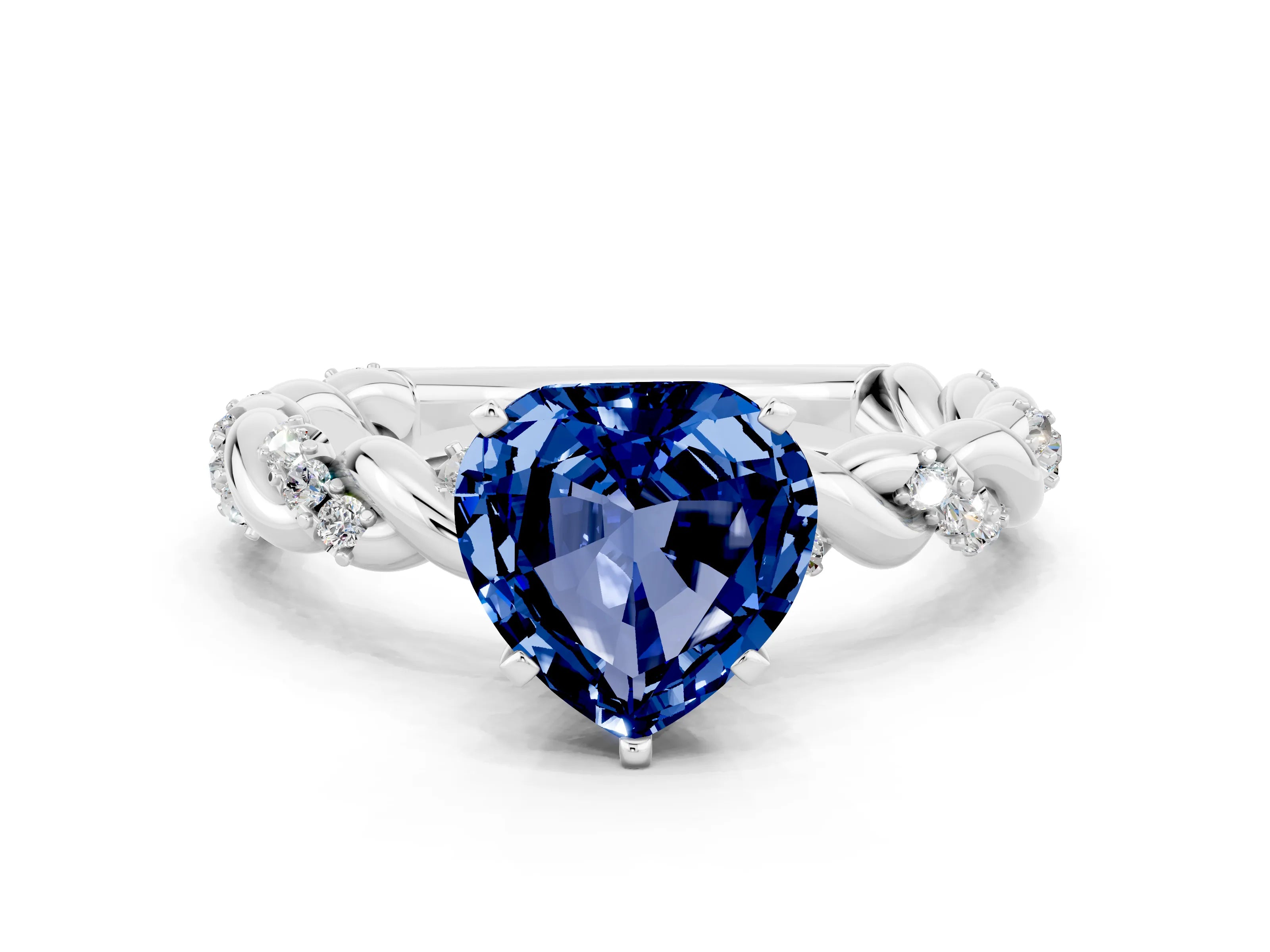 White gold Heart Cut Blue Sapphire Solitaire Ring with Twisted Band and Pavé Accents