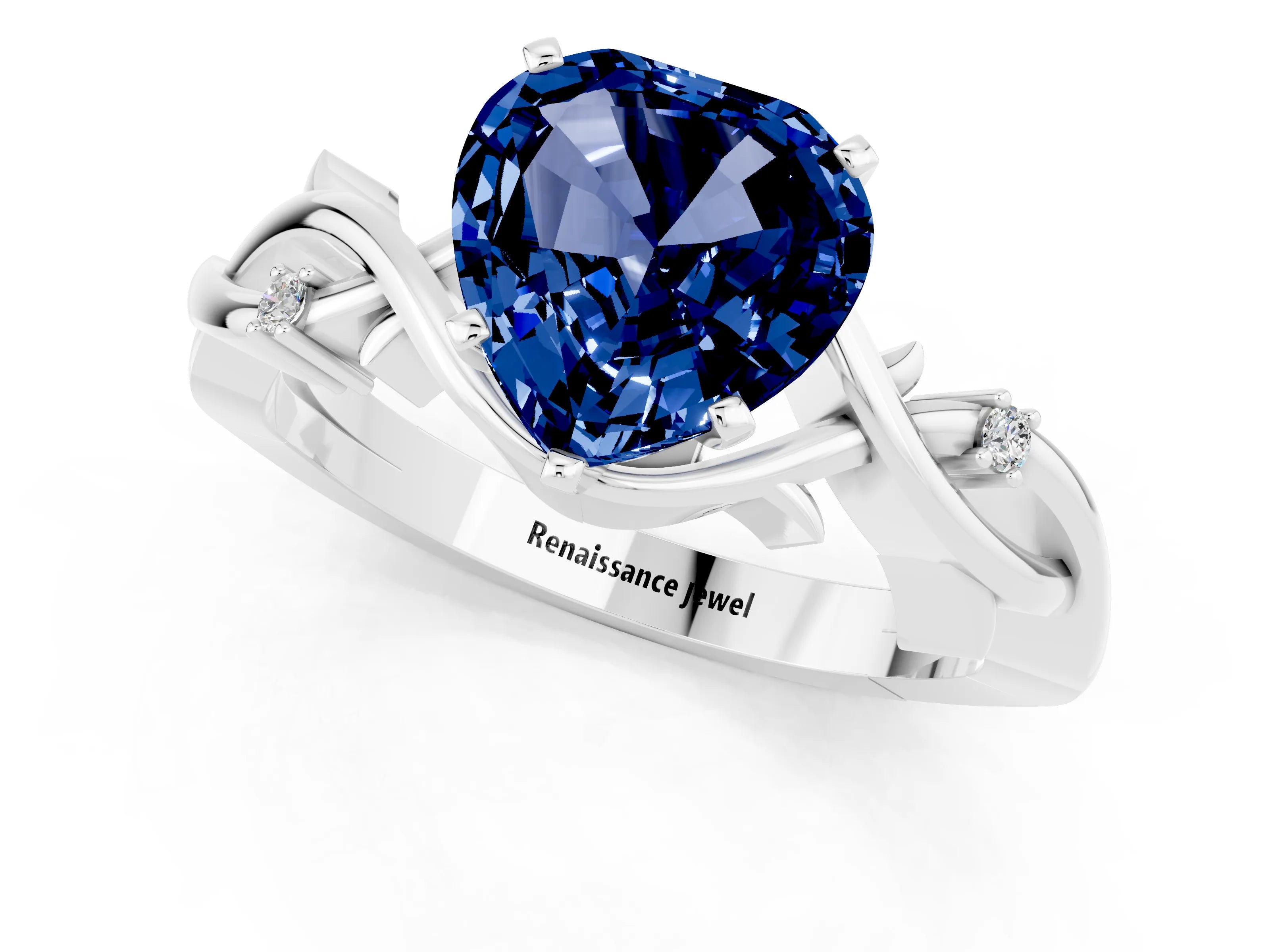 White gold Heart Cut Blue Sapphire Solitaire Ring with Twisted Band and Prong Setting_1