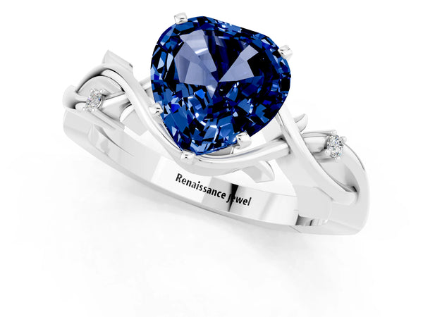 White gold Heart Cut Blue Sapphire Solitaire Ring with Twisted Band and Prong Setting