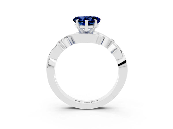 White gold Heart Cut Blue Sapphire Solitaire Ring with Twisted Band and Prong Setting