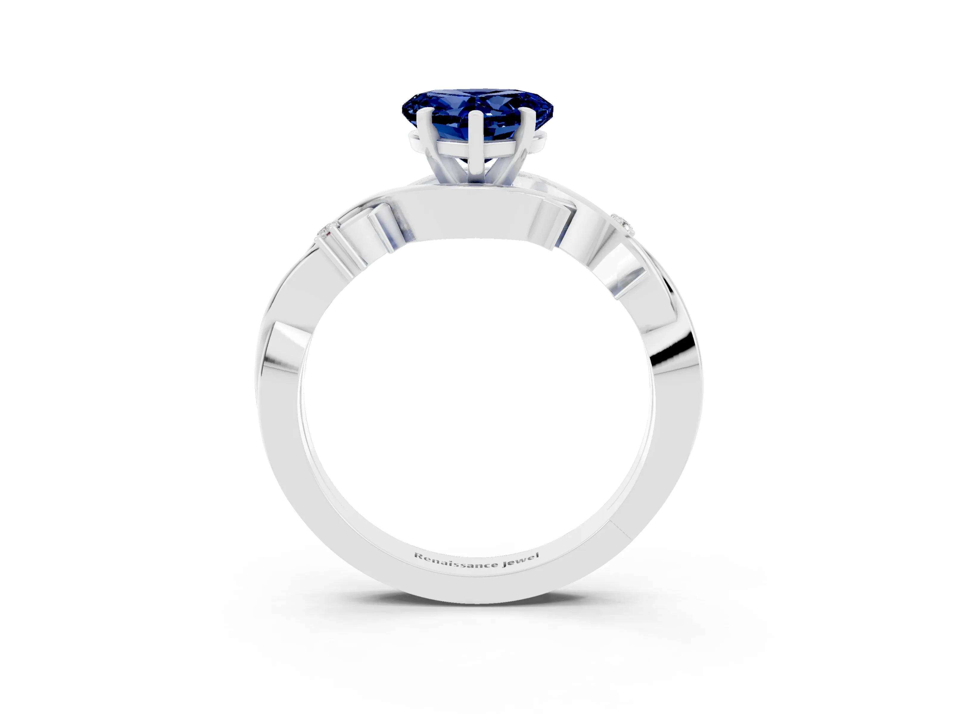 White gold Heart Cut Blue Sapphire Solitaire Ring with Twisted Band and Prong Setting_3