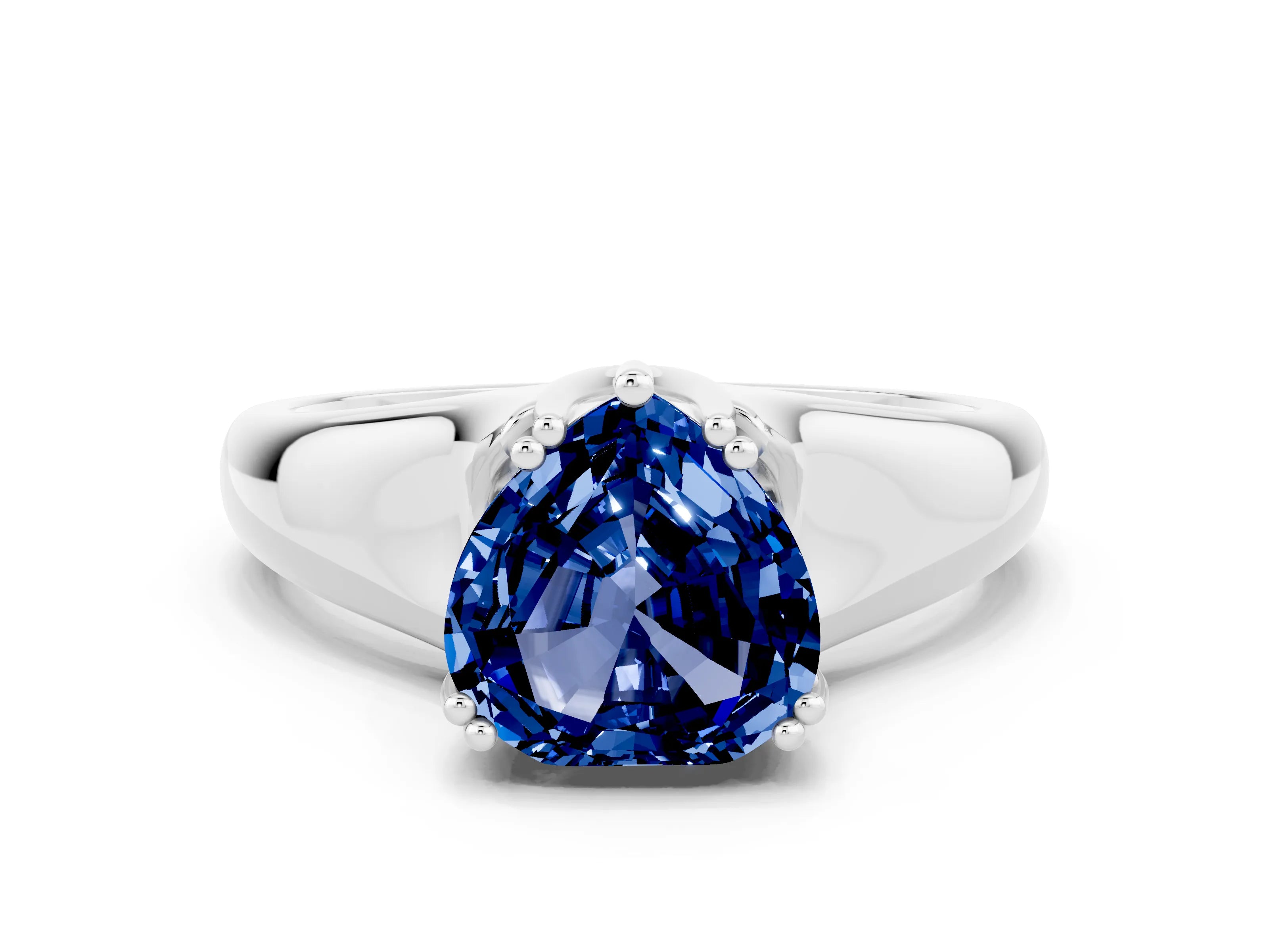 White gold Heart Cut Blue Sapphire Solitaire Ring with Wide Band and Prong Setting