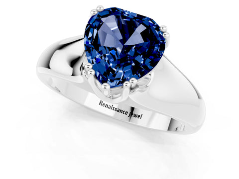 White gold Heart Cut Blue Sapphire Solitaire Ring with Wide Band and Prong Setting_1