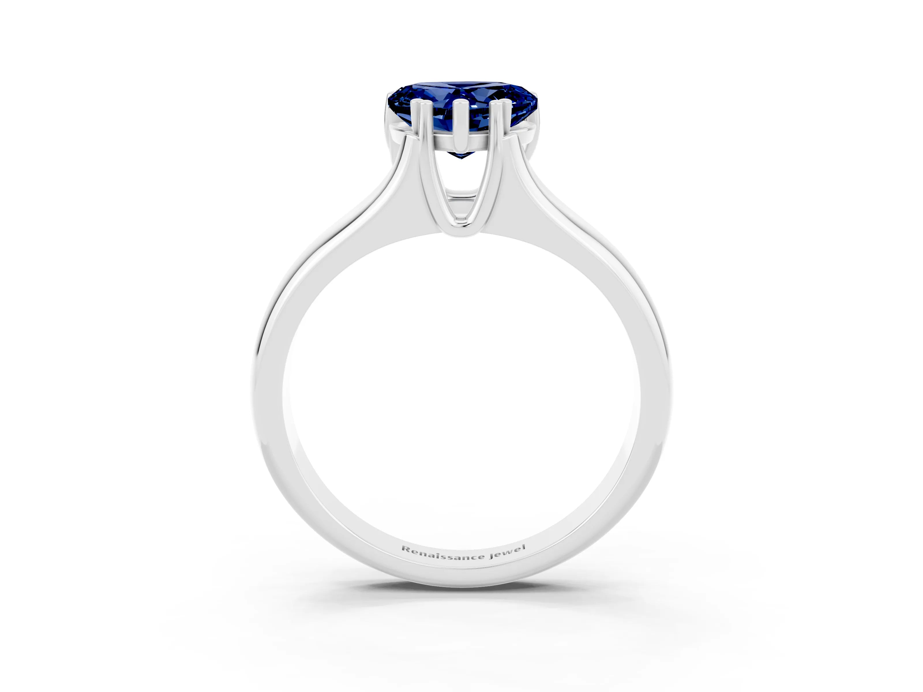 White gold Heart Cut Blue Sapphire Solitaire Ring with Wide Band and Prong Setting_3