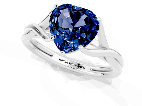 White gold Heart Cut Blue Sapphire Solitaire Twist Band Prong Setting Ring