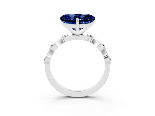 Silver Heart Cut Blue Sapphire Solitaire Twisted Band with Round  Accents and Prong Setting