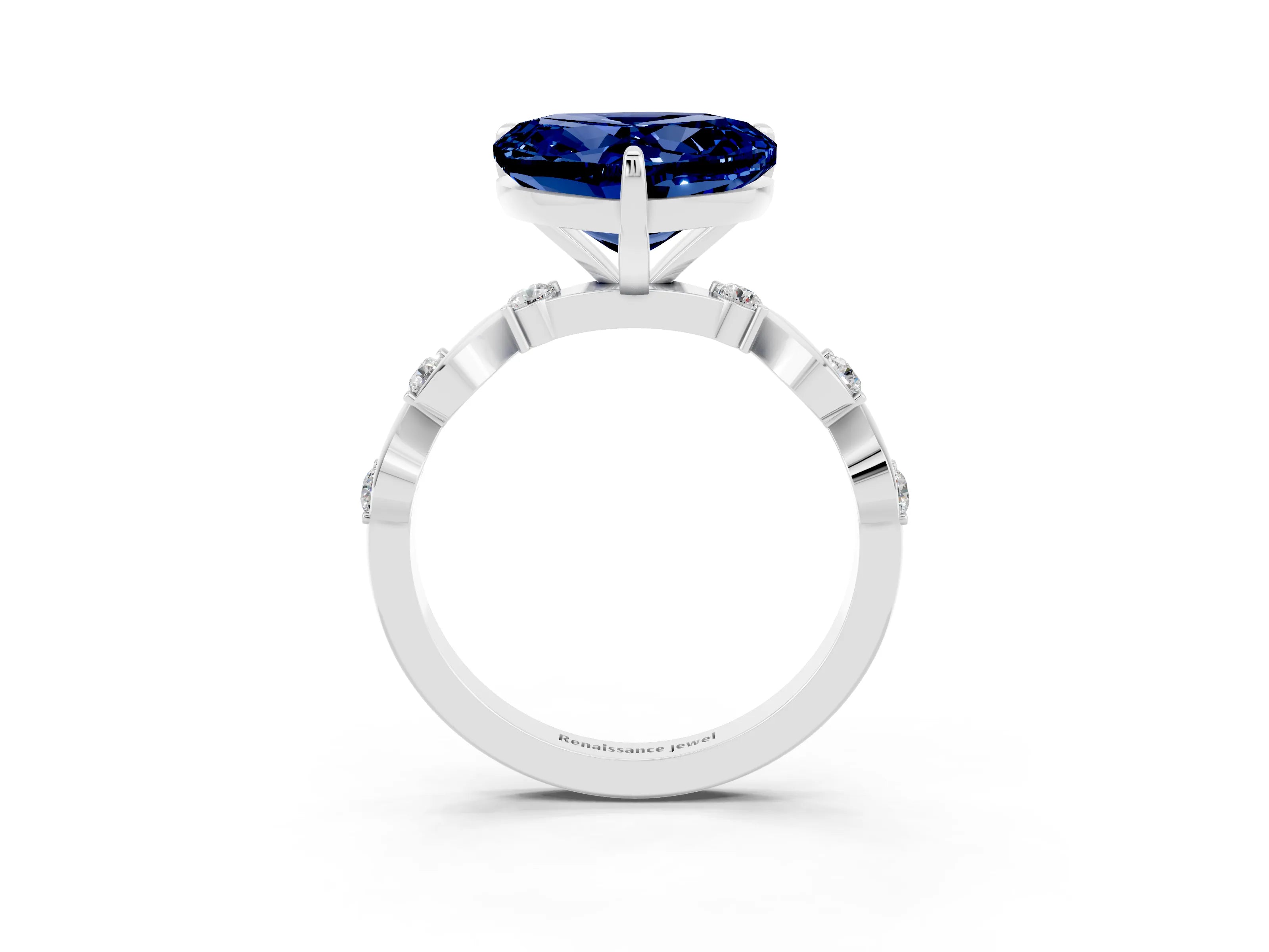 White gold Heart Cut Blue Sapphire Solitaire Twisted Band with Round  Accents and Prong Setting_15