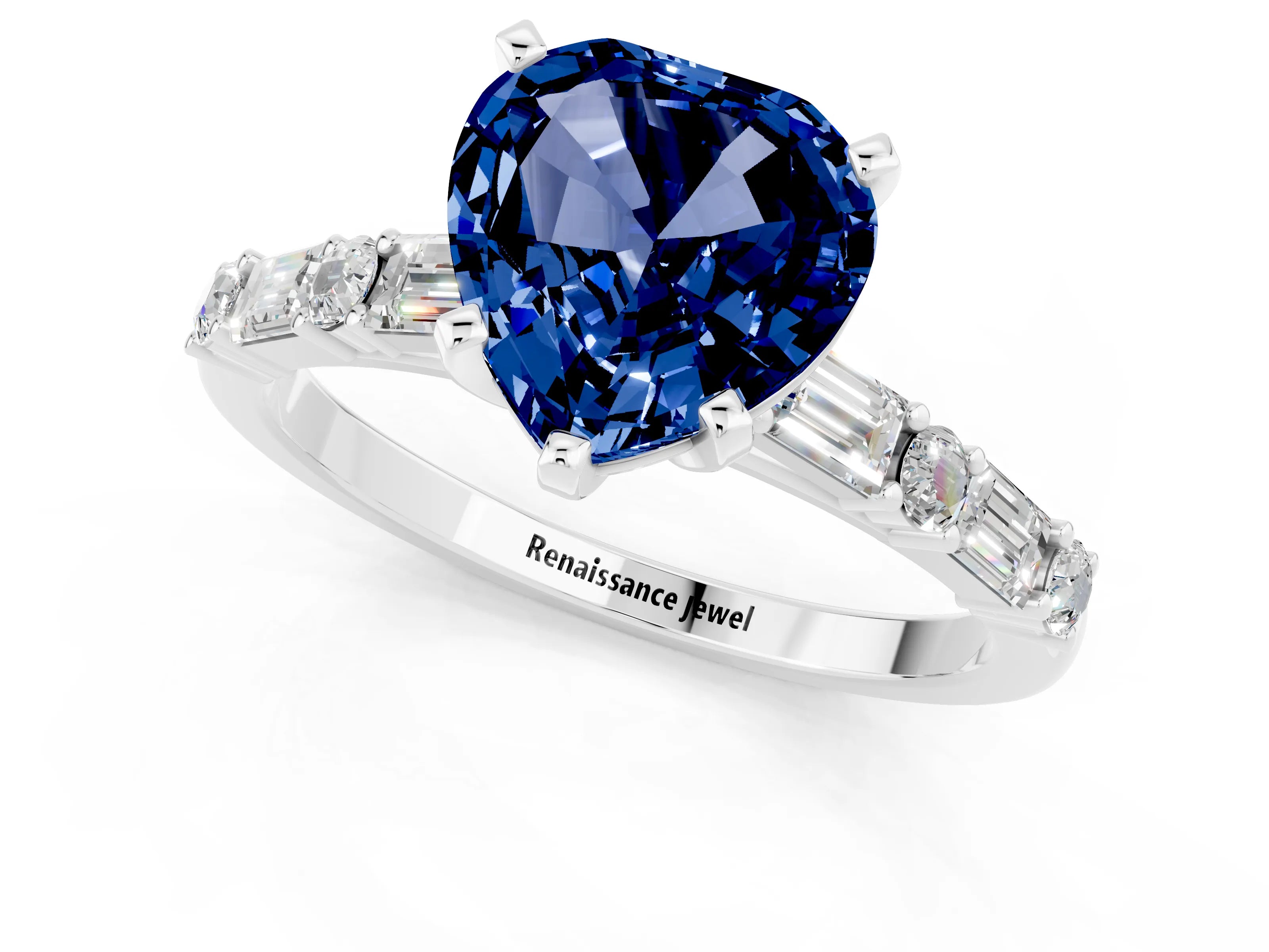 White gold Heart Cut Blue Sapphire Solitaire with Side Baguettes and Channel Set Band_1