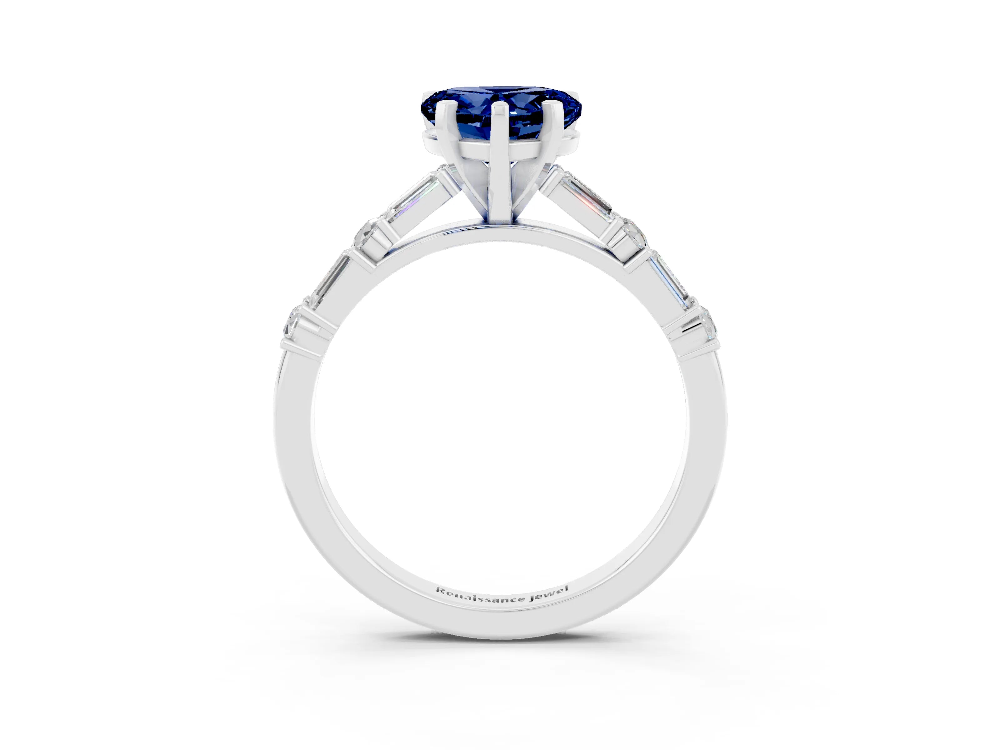 White gold Heart Cut Blue Sapphire Solitaire with Side Baguettes and Channel Set Band_3