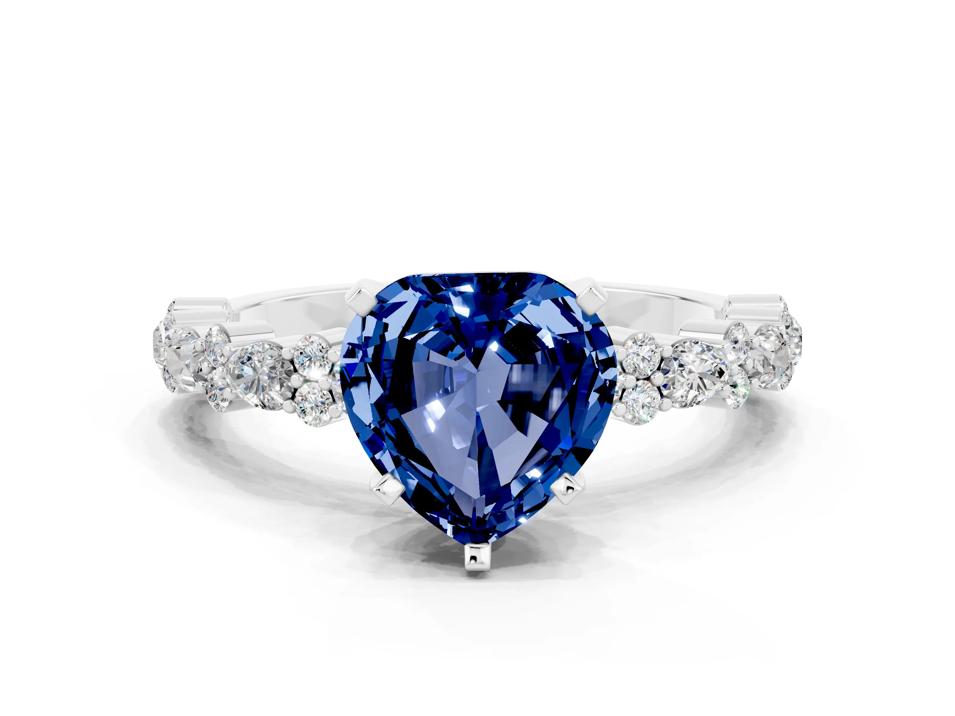 White gold Heart Cut Blue Sapphire Solitaire with Side Stones, Pave Band, Four-Prong Setting_36