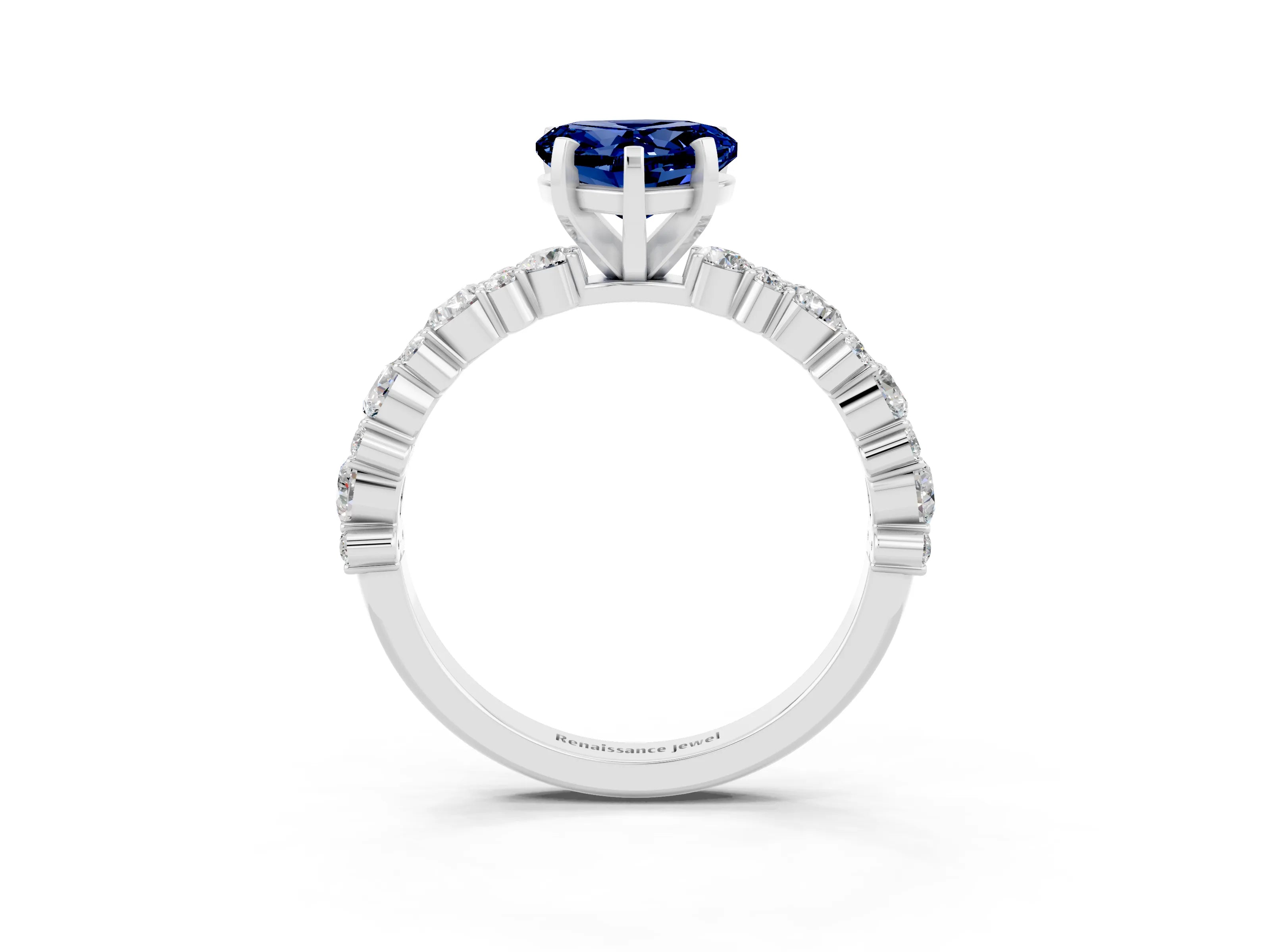 White gold Heart Cut Blue Sapphire Solitaire with Side Stones, Pave Band, Four-Prong Setting_39