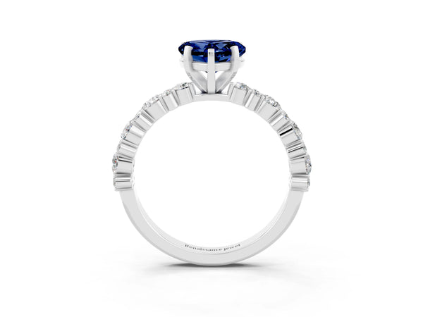 White gold Heart Cut Blue Sapphire Side Stone Solitaire Ring with Round  and Four-Prong Setting