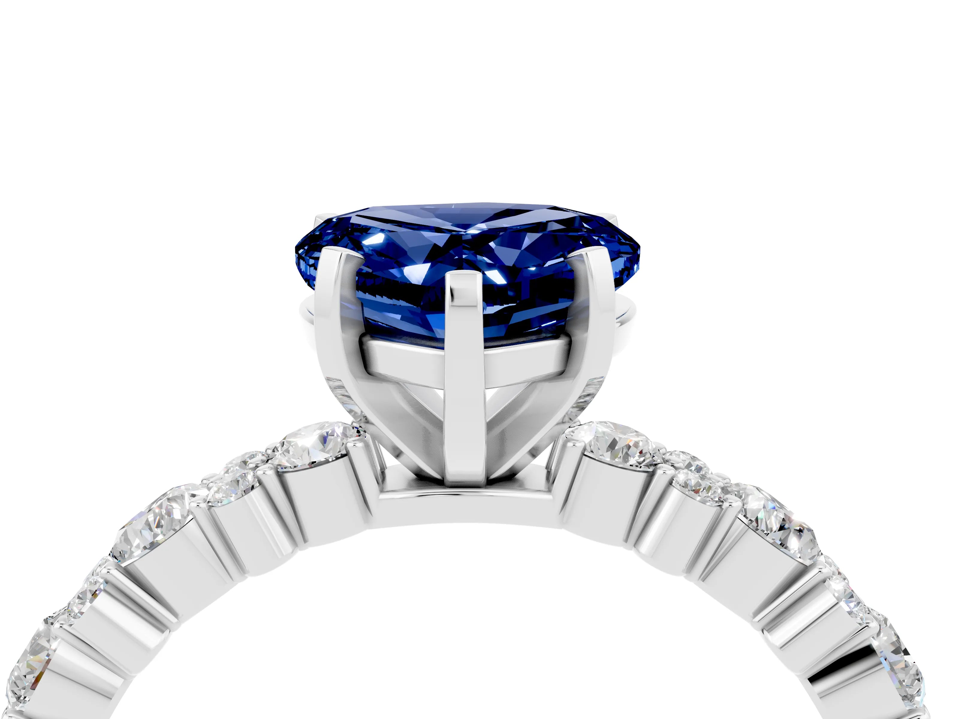 White gold Heart Cut Blue Sapphire Solitaire with Side Stones, Pave Band, Four-Prong Setting_40