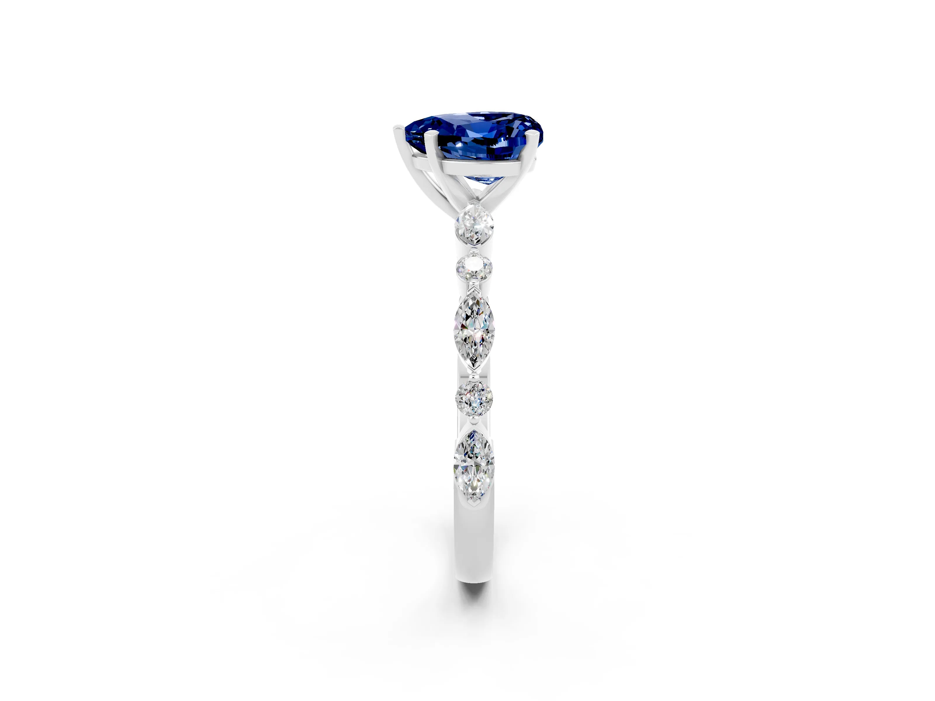 White gold Heart Cut Blue Sapphire Solitaire with Side Stones on a Pavé Band and Four-Prong Setting_2