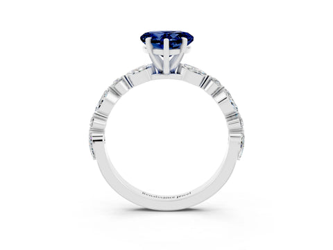 White gold Heart Cut Blue Sapphire Solitaire with Side Stones on a Pavé Band and Four-Prong Setting_3