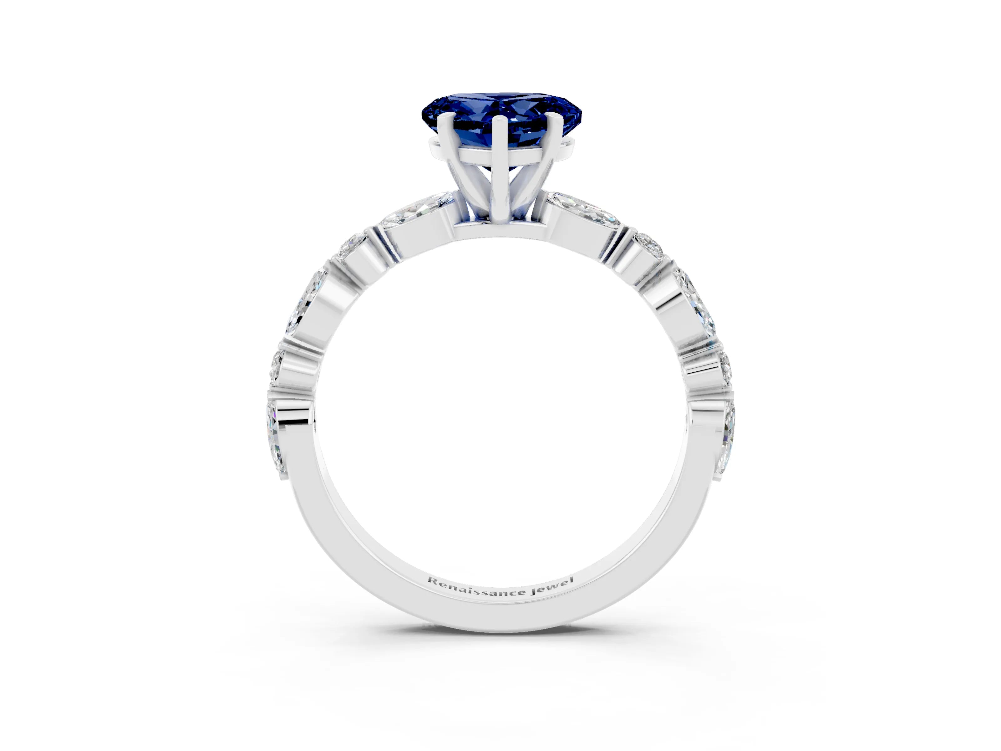 White gold Heart Cut Blue Sapphire Solitaire with Side Stones on a Pavé Band and Four-Prong Setting_3
