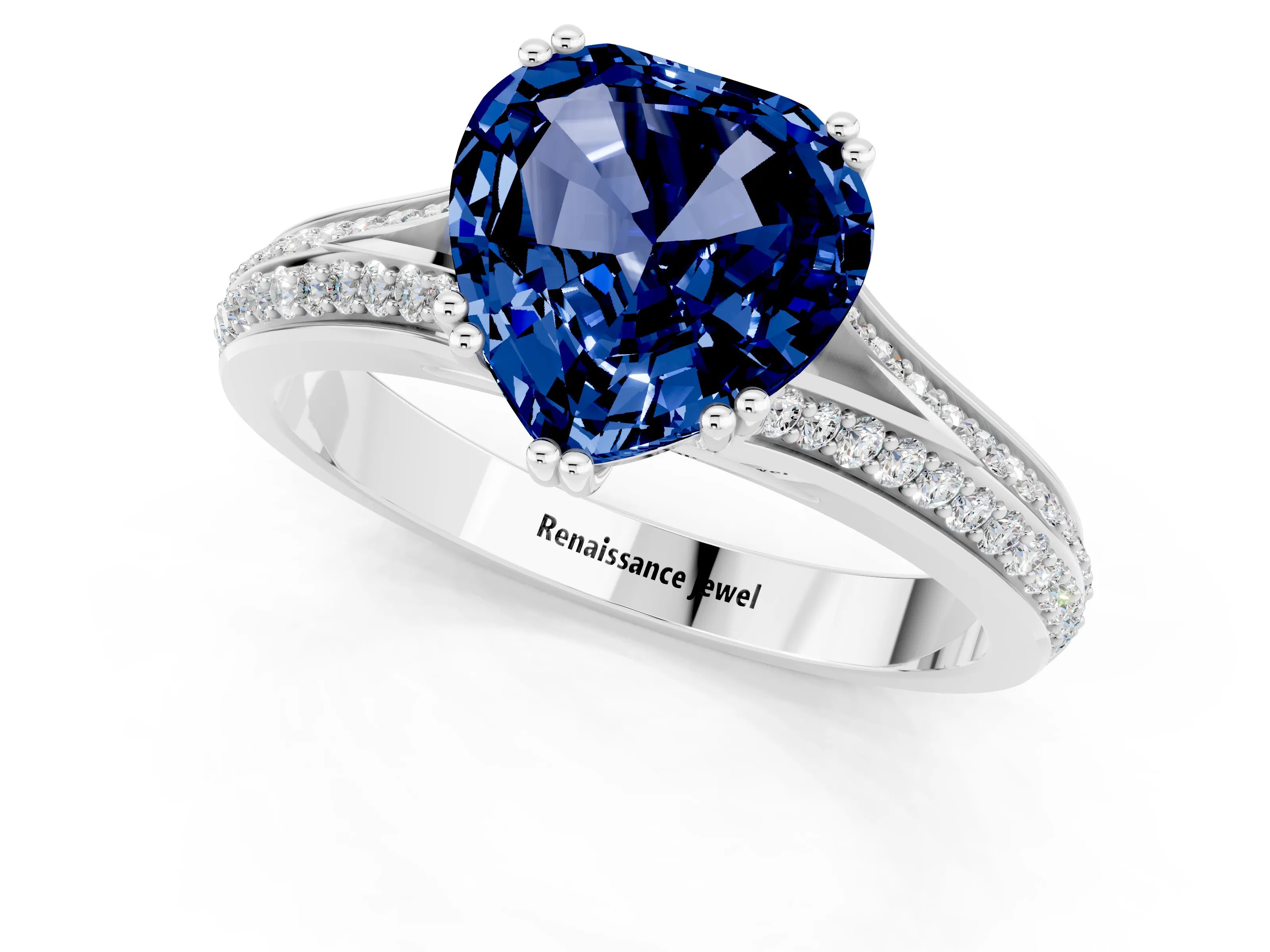 White gold Heart Cut Blue Sapphire Split Shank Engagement Ring with Pavé Band_1