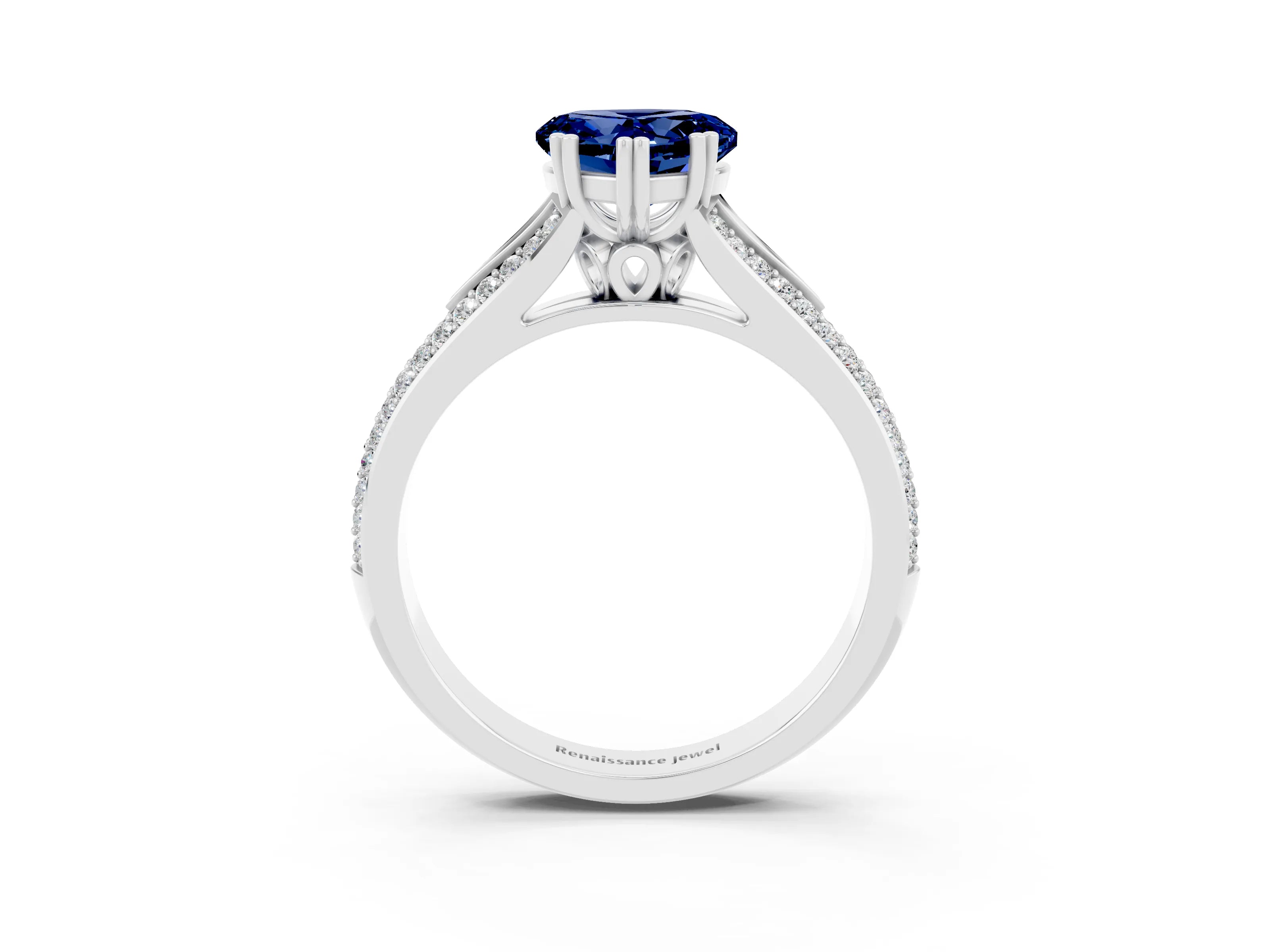 White gold Heart Cut Blue Sapphire Split Shank Engagement Ring with Pavé Band_3