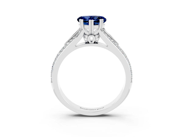 White gold Heart Cut Blue Sapphire Split Shank Engagement Ring with Pavé Band