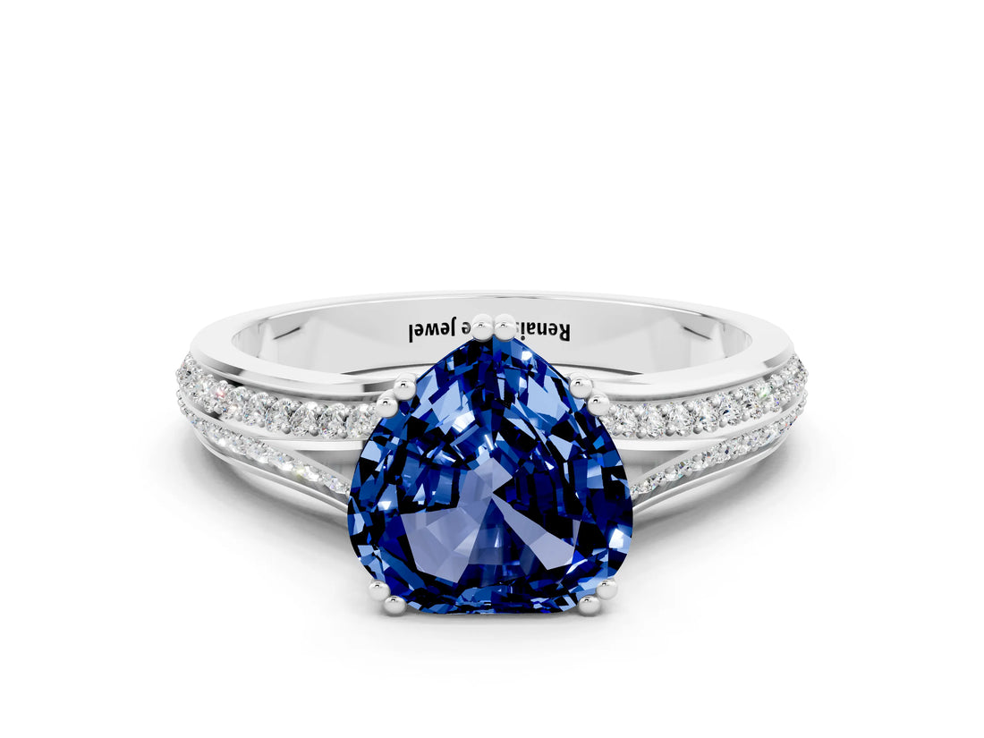 White gold Heart Cut Blue Sapphire Split Shank Engagement Ring with Pavé Band