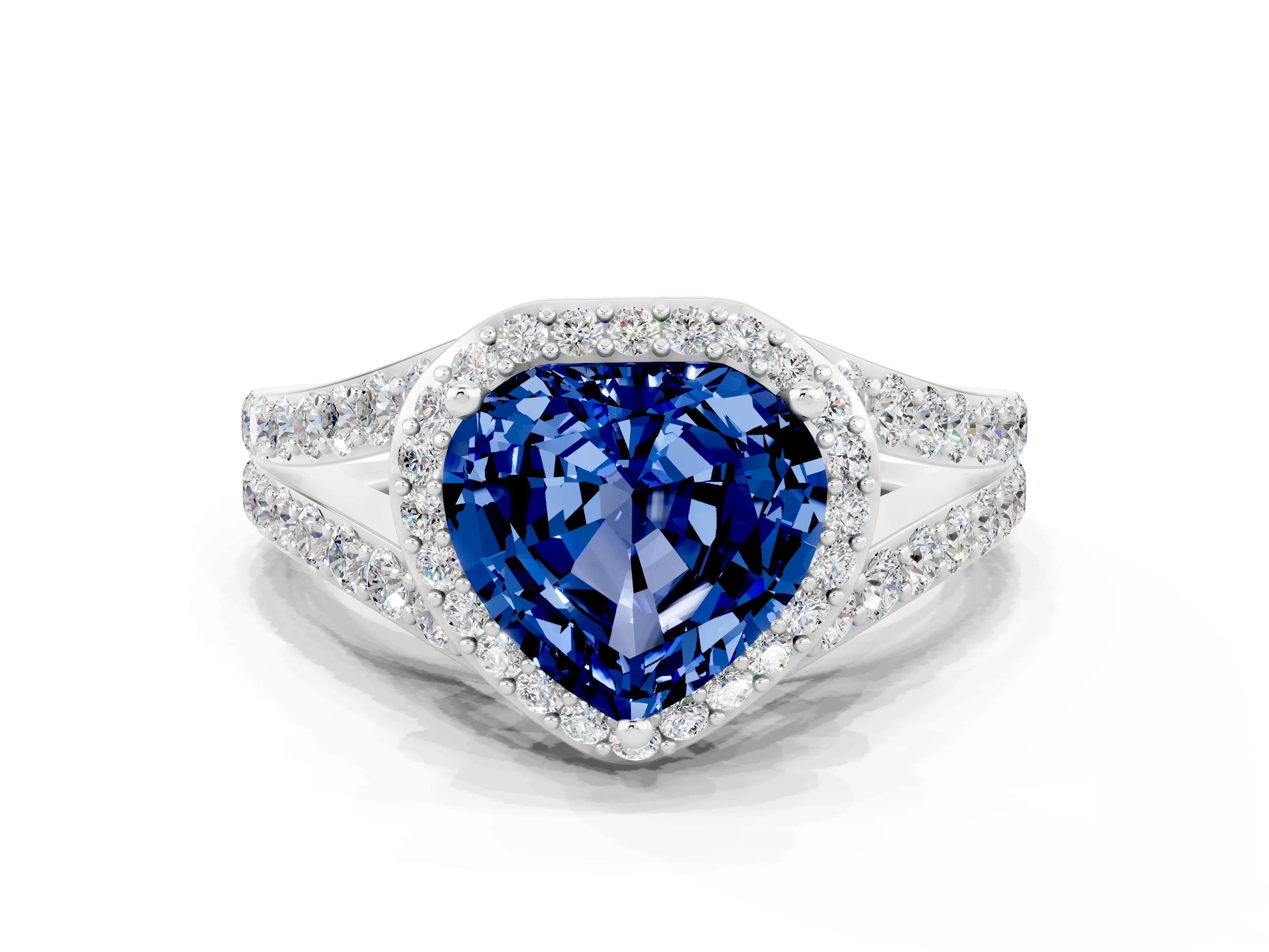 White gold Heart Cut Blue Sapphire Split Shank Halo Ring with Four-Prong Setting_50
