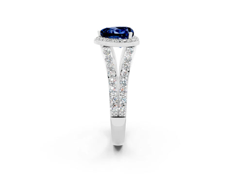 White gold Heart Cut Blue Sapphire Split Shank Halo Ring with Four-Prong Setting_52