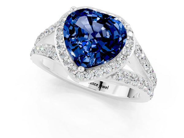 White gold Heart Cut Blue Sapphire Split Shank Halo Ring with Four-Prong Setting