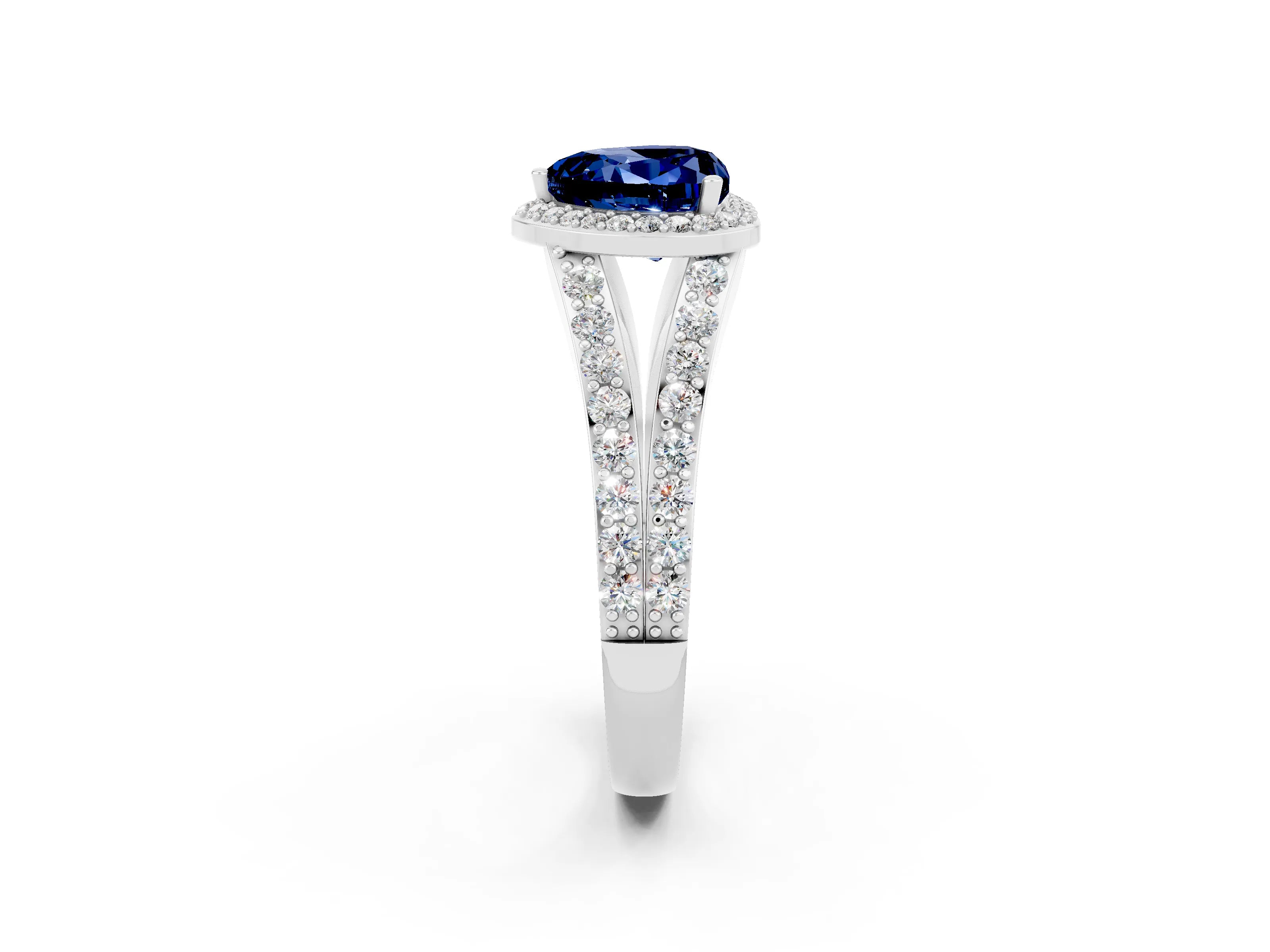 White gold Heart Cut Blue Sapphire Split Shank Halo Ring with Four-Prong Setting_62
