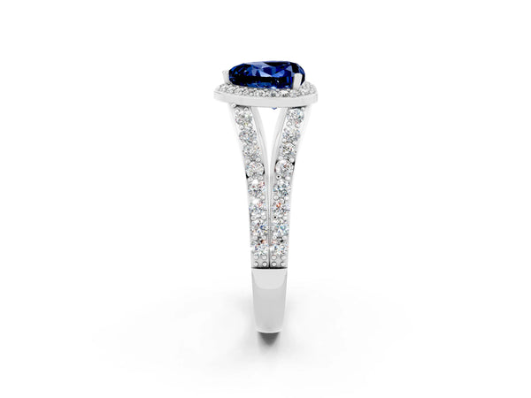 Platinum Heart Cut Blue Sapphire Split Shank Halo Ring with Four-Prong Setting