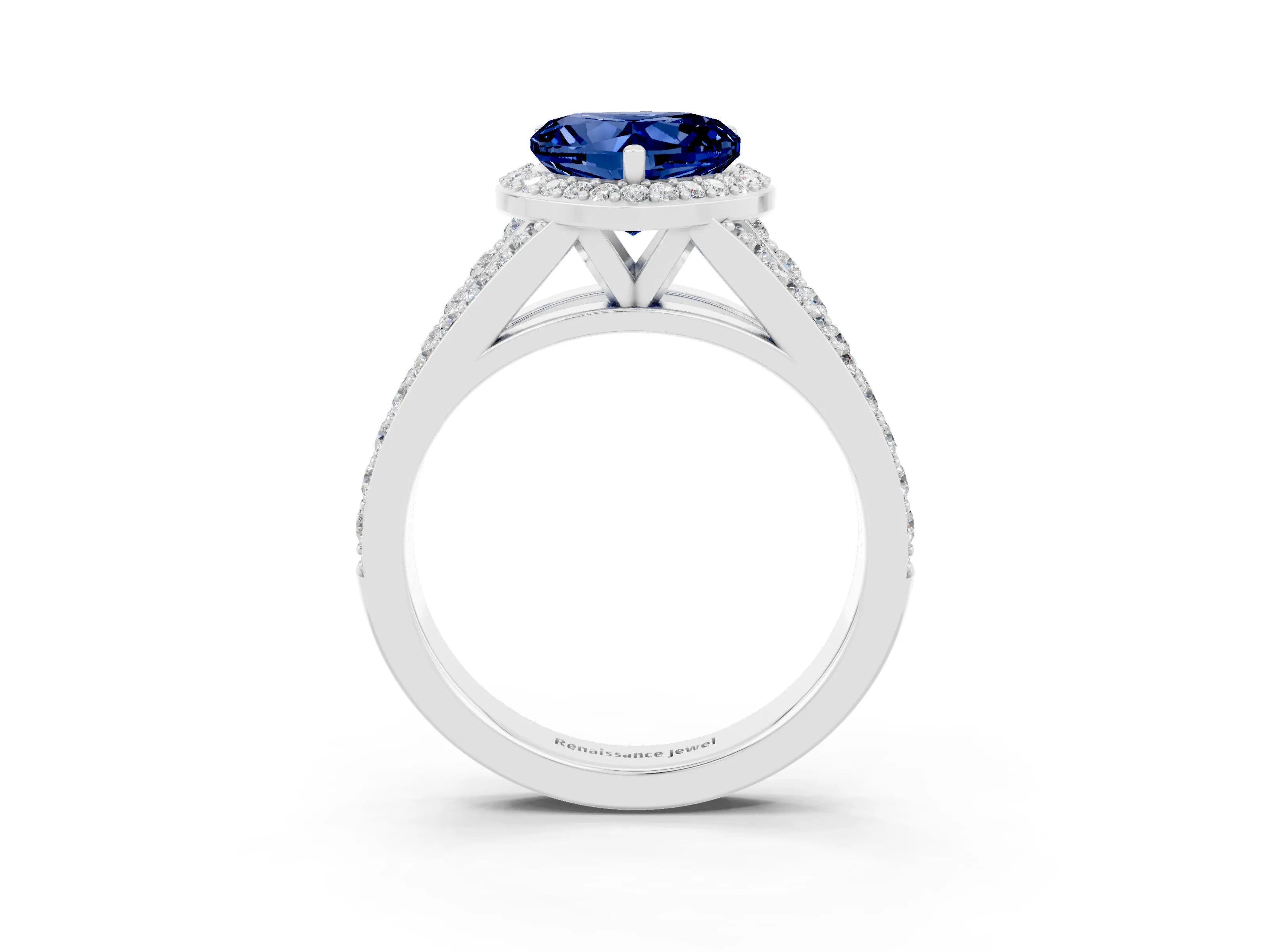 White gold Heart Cut Blue Sapphire Split Shank Halo Ring with Four-Prong Setting_63