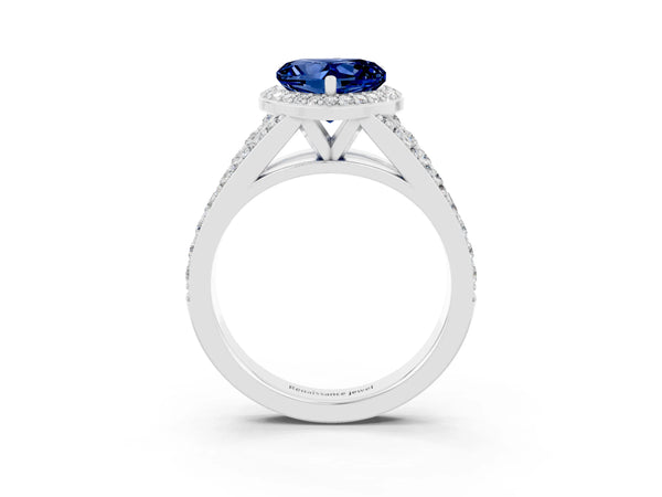 White gold Heart Cut Blue Sapphire Split Shank Halo Ring with Four-Prong Setting