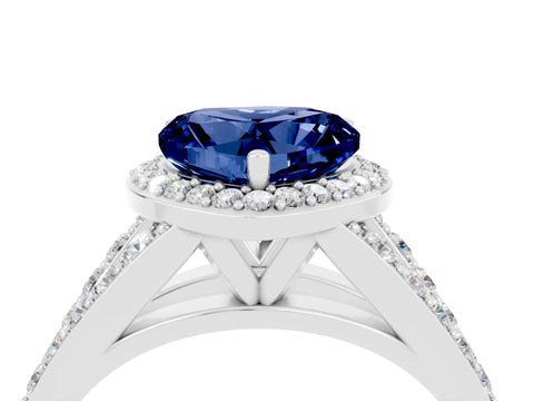 White gold Heart Cut Blue Sapphire Split Shank Halo Ring with Four-Prong Setting_64