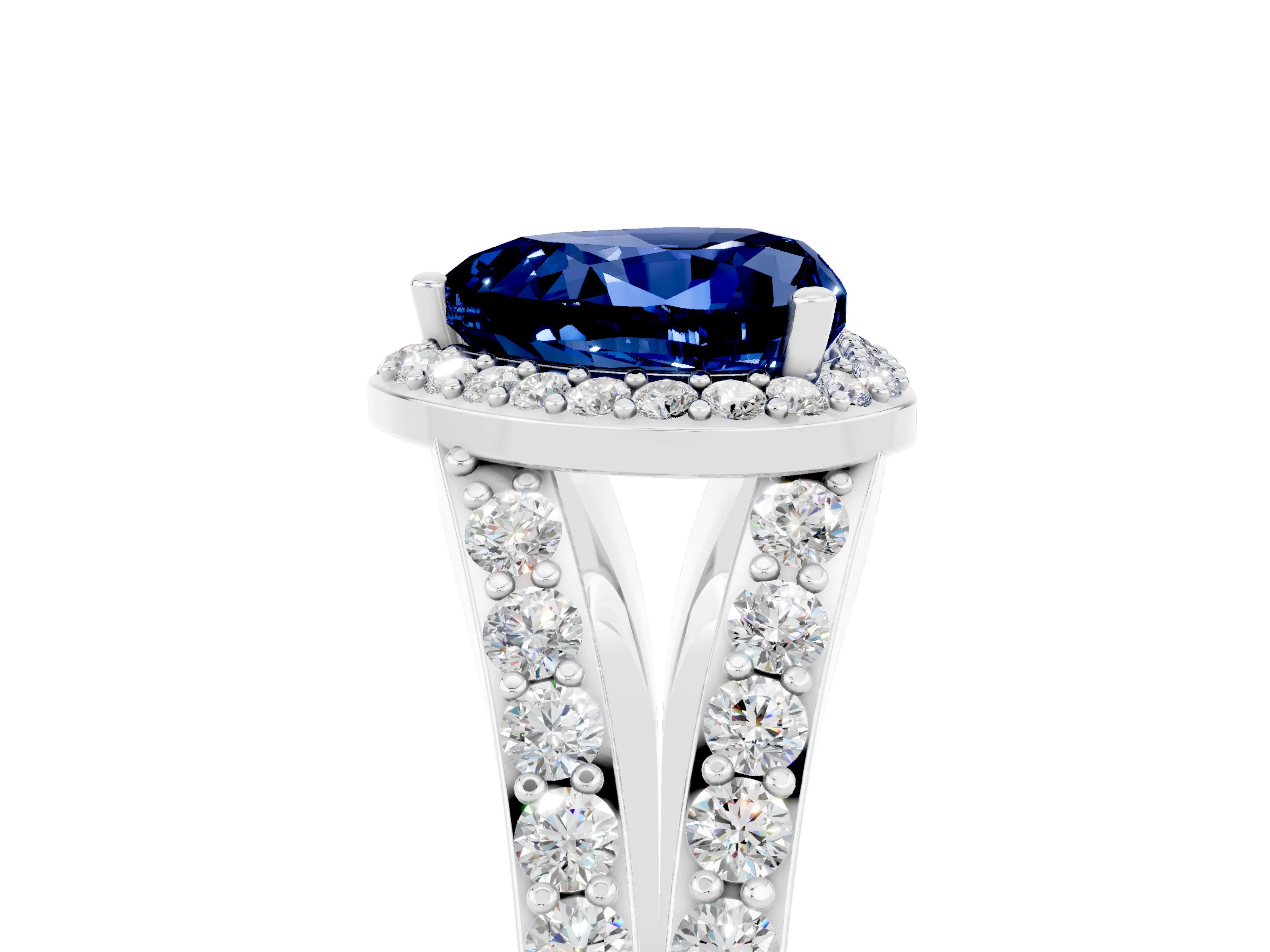 White gold Heart Cut Blue Sapphire Split Shank Halo Ring with Four-Prong Setting_65