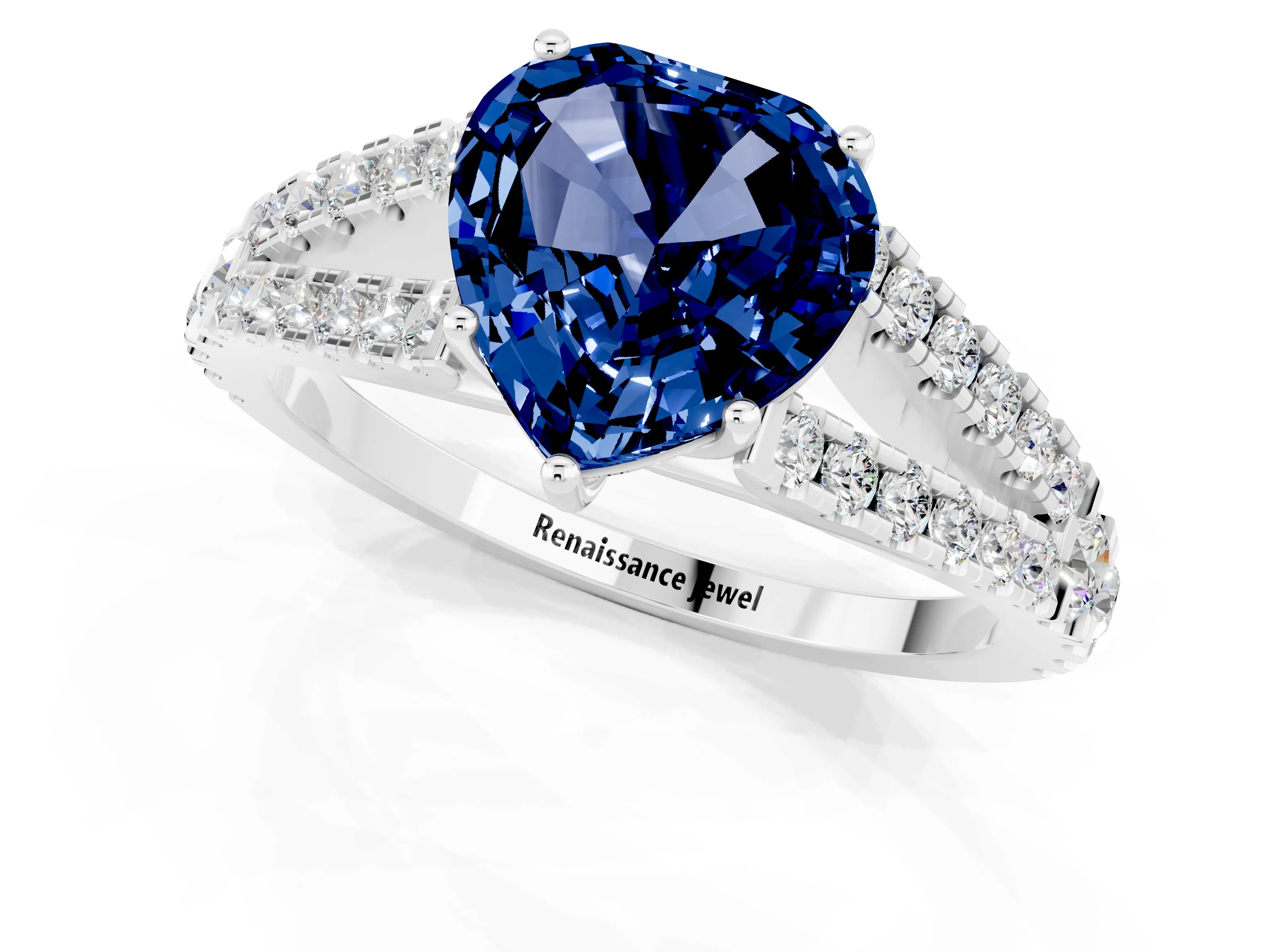 White gold Heart Cut Blue Sapphire Split Shank Pavé Engagement Ring with Four-Prong Setting_13