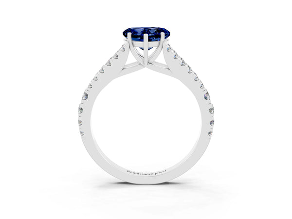 White gold Heart Cut Blue Sapphire Split Shank Pavé Engagement Ring with Four-Prong Setting