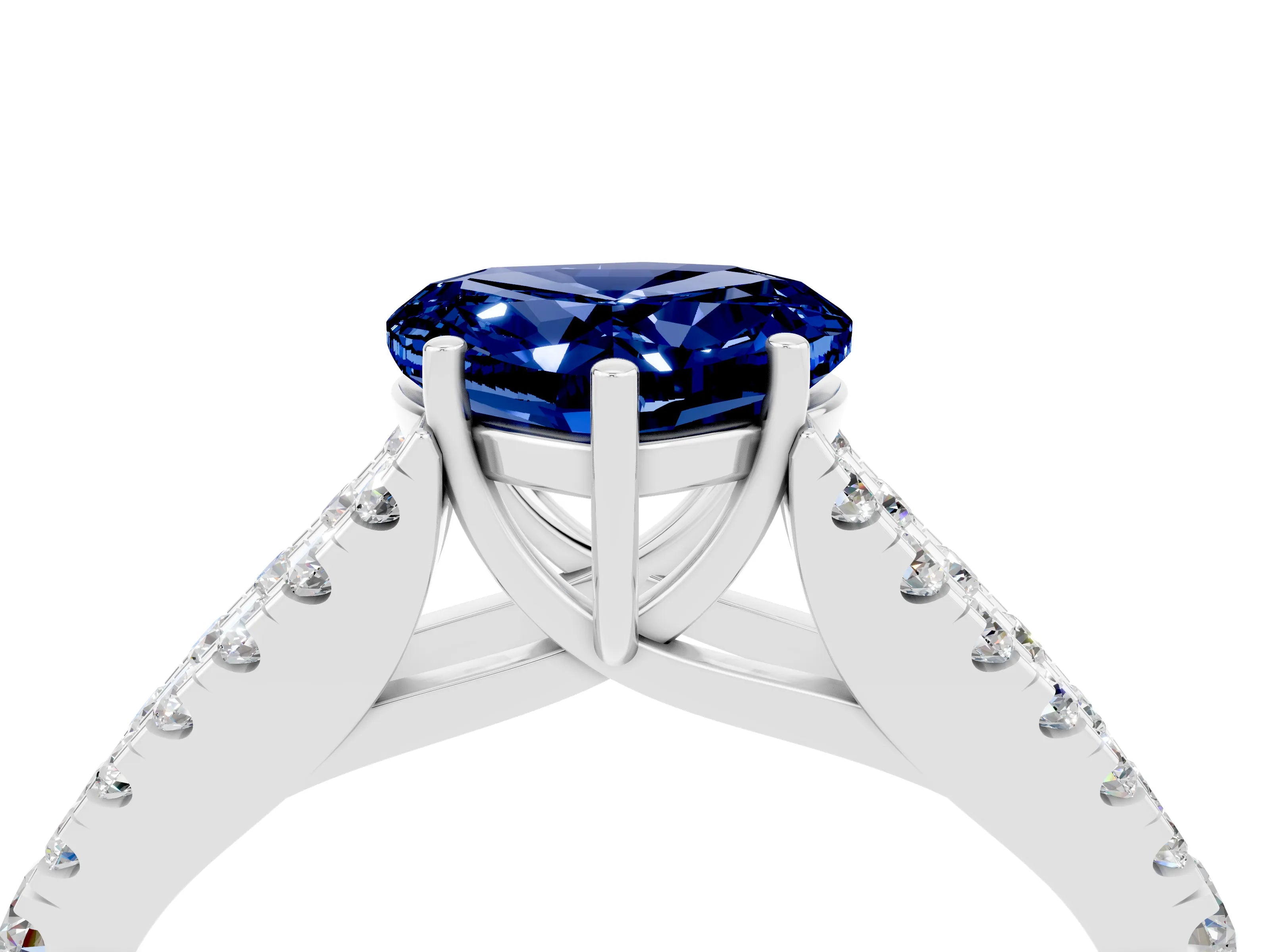 White gold Heart Cut Blue Sapphire Split Shank Pavé Engagement Ring with Four-Prong Setting_16